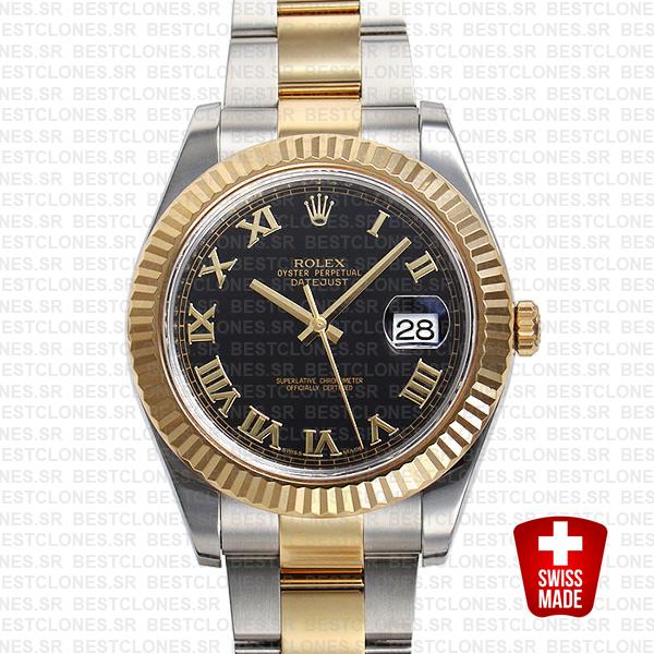 Rolex Datejust Ii 2 Tone Black Dial Gold Roman Markers 41mm 116333 Swiss Replica