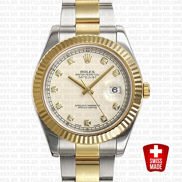 Rolex Datejust Ii 2 Tone Diamond Markers White Dial 41mm 116333 Swiss Replica