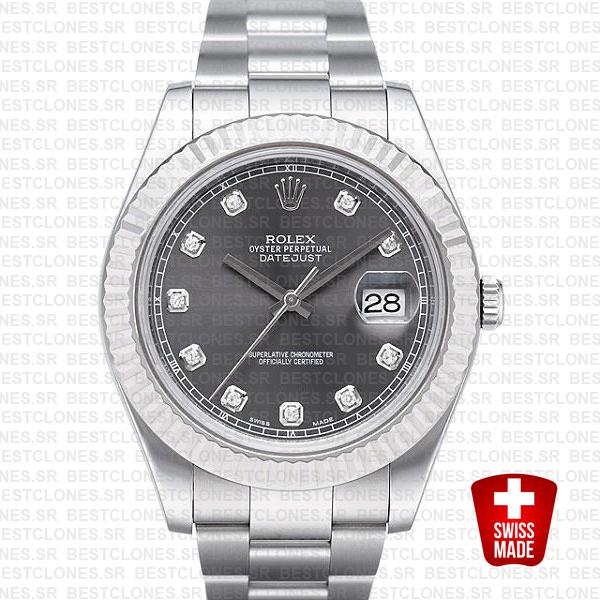 Rolex Datejust Ii Steel 18k White Gold Black Diamonds 41mm 116334 Swiss Replica