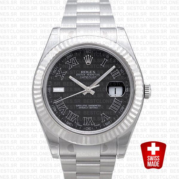 Rolex Datejust Ii Steel 18k White Gold Black Roman 41mm 116334 Swiss Replica