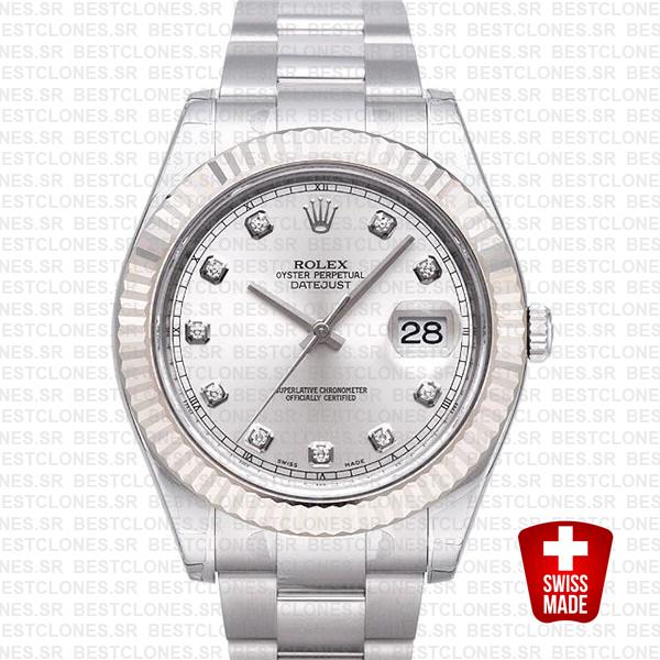 Rolex Datejust Ii Steel 18k White Gold Silver Diamonds 41mm 116334 Swiss Replica