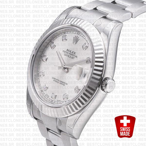 Rolex Datejust Ii Steel 18k White Gold Silver Diamonds 41mm 116334 Swiss Replica
