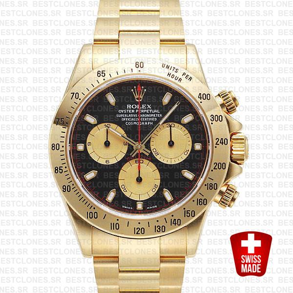 Rolex 116528 Daytona Yellow Gold Black Dial Gold Subdials 40mm Swiss Replica