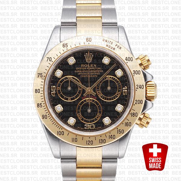 Rolex Daytona 2 Tone Black Diamonds Swiss Replica 40mm 116523