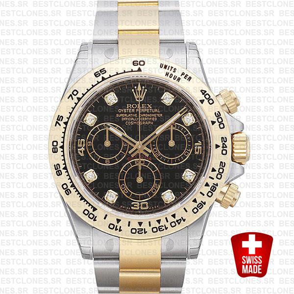 Rolex Cosmograph Daytona 2tone 18k Yellow Gold/904l Steel Black Diamond Dial 40mm Ref:116503 Swiss Replica Watch