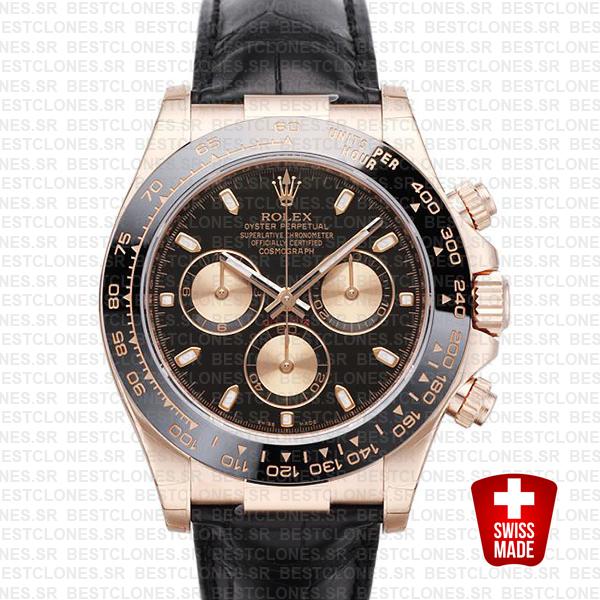 Rolex Daytona Leather Rose Gold Black Pink Ceramic 40mm 116515 Swiss Replica