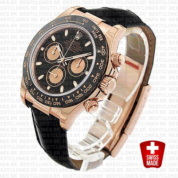Rolex Daytona Leather Rose Gold Black Pink Ceramic 40mm 116515 Swiss Replica