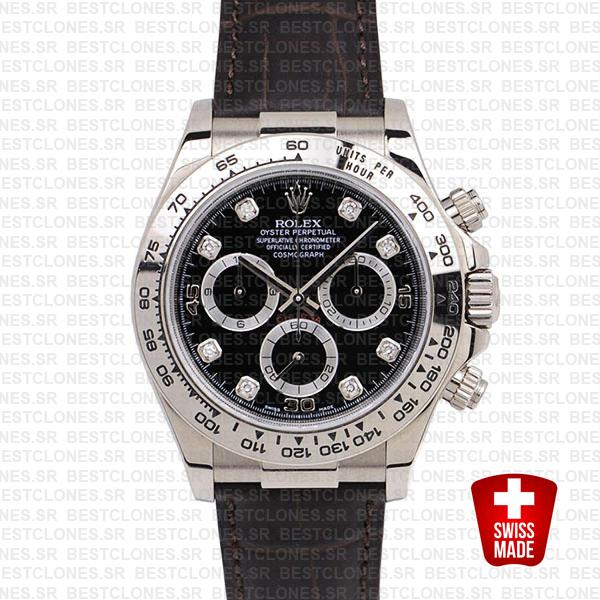 Rolex Daytona Leather White Gold Black Diamond Markers 116519 Swiss Replica 40mm