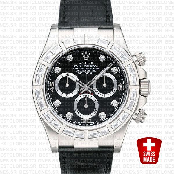 Rolex Daytona Leather White Gold Black Diamond Markers Bezel 116519 Swiss Replica 40mm