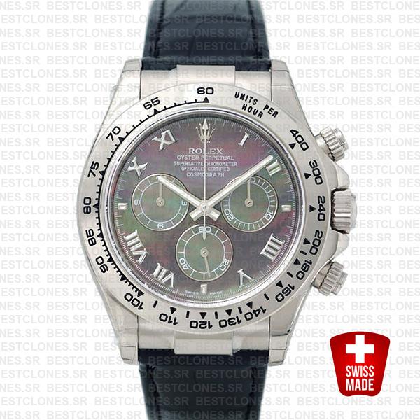 Rolex Daytona Leather White Gold Black Mop Roman 116519 Swiss Replica 40mm