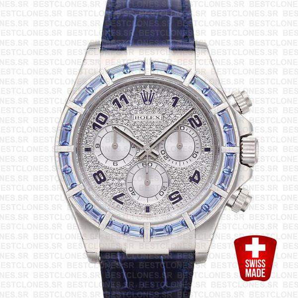 Rolex Daytona Leather White Gold Blue Diamonds 40mm 116589 Swiss Replica