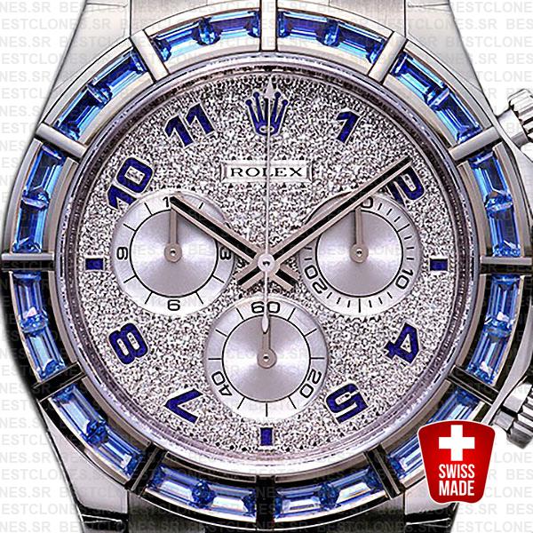 Rolex Daytona Leather White Gold Blue Diamonds 40mm 116589 Swiss Replica