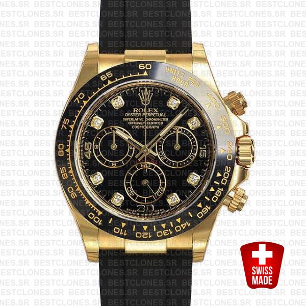 Rolex Daytona Rubber 18k Yellow Gold Ceramic Bezel Black Diamond Dial 40mm 116518