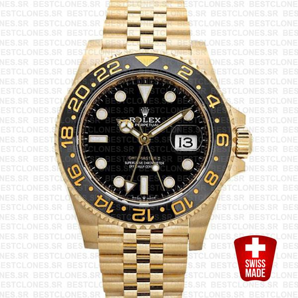 Rolex Gmt-master Ii Jubilee 18k Yellow Gold Black Dial Ceramic Bezel 40mm Swiss Made Replica Superclone Watch Ref.126718grnr