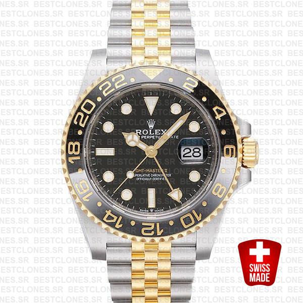 Rolex Gmt-master Ii Jubilee 2tone 18k Yellow Gold/904l Steel Black Dial Ceramic Bezel 40mm Swiss Made Replica Superclone Watch Ref.126713grnr