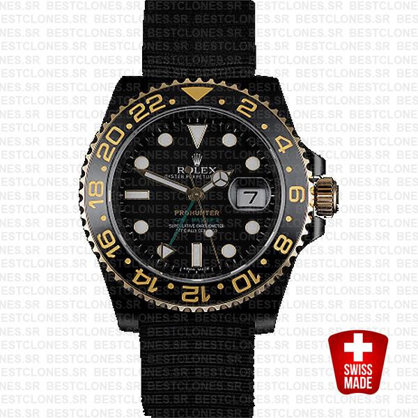 Rolex Gmt Master Ii Pro Hunter 2 Tone Gold Dlc Black Ceramic Nato Strap 40mm Oversized 116713 Replica