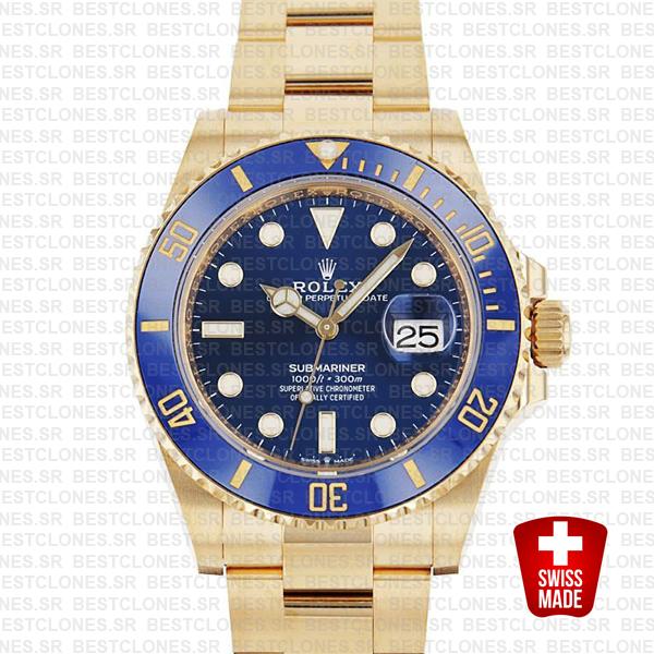 Rolex Submariner 41mm 18k Yellow Gold Wrapped 904l Steel Blue Dial Ceramic Bezel 126618lb Swiss Replica