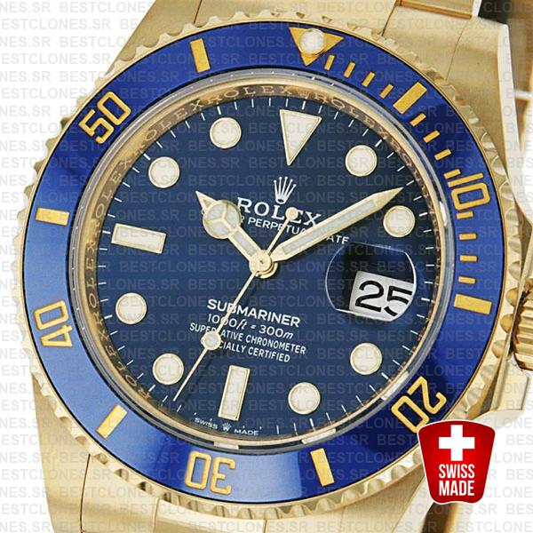 Rolex Submariner 41mm 18k Yellow Gold Wrapped 904l Steel Blue Dial Ceramic Bezel 126618lb Swiss Replica